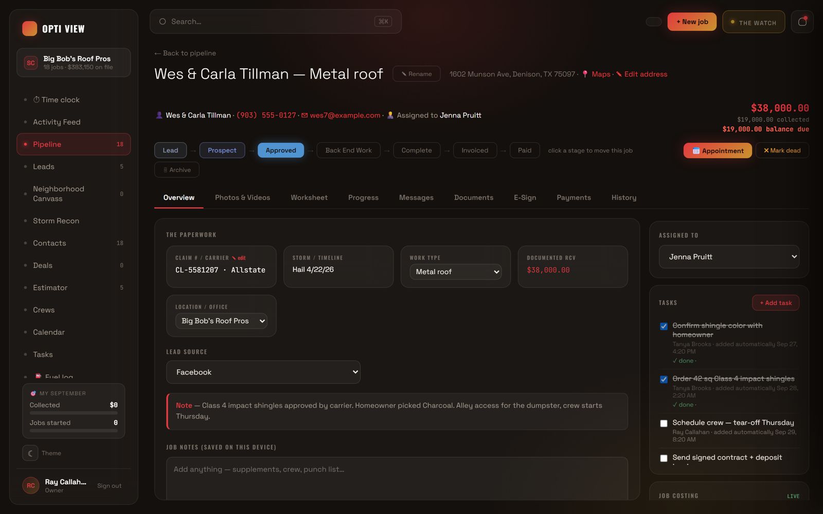 One job in a custom CRM: stages from Lead to Paid, tasks and balance due, demo data