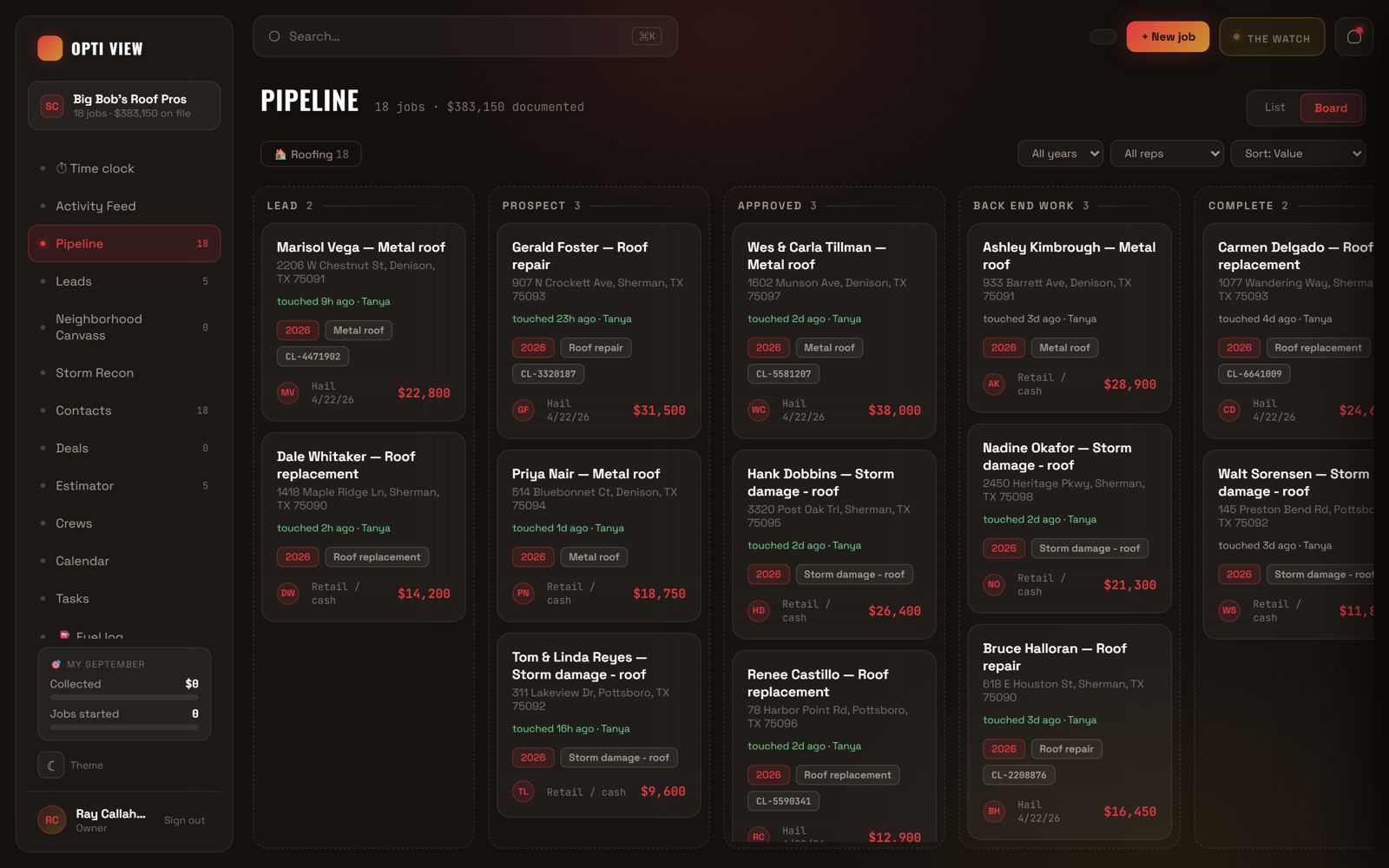 The CRM pipeline board with demo roofing jobs moving from Lead to Complete