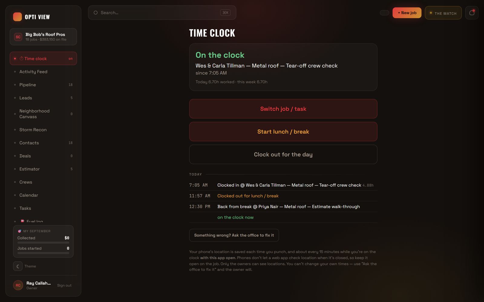 The crew time clock in a custom CRM, demo data