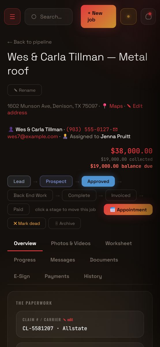 The same job open on a phone, demo data