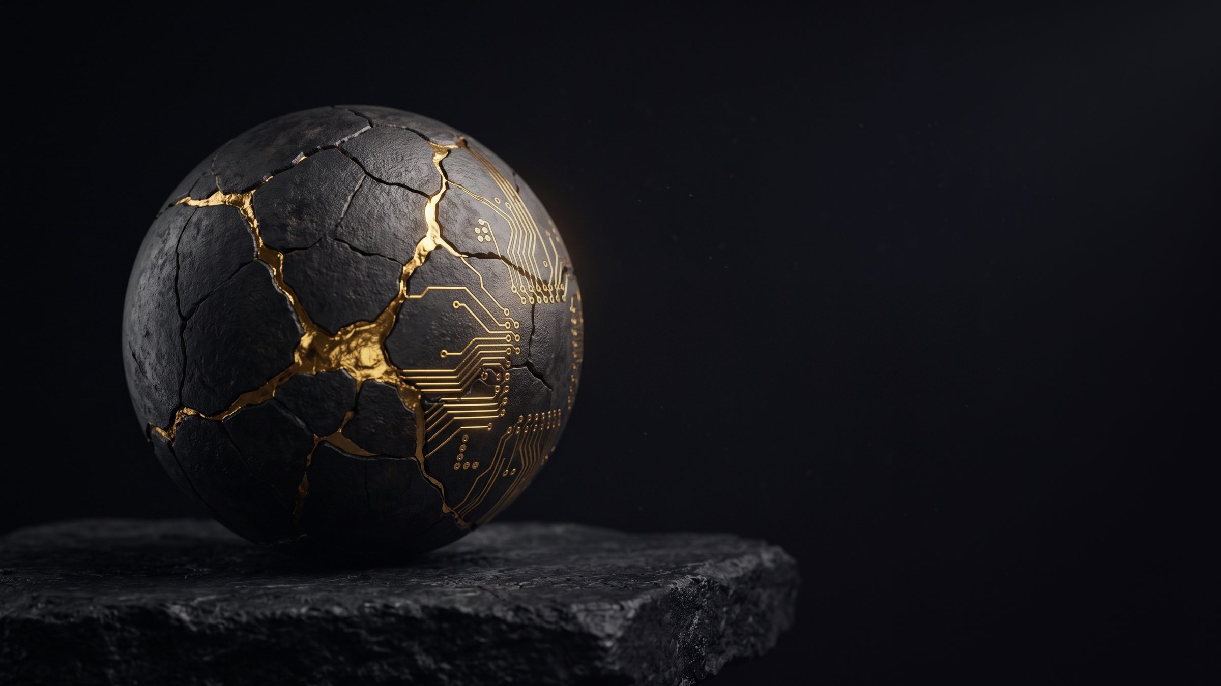 A cracked black stone sphere, its seams mended with gold and traced with gold circuitry